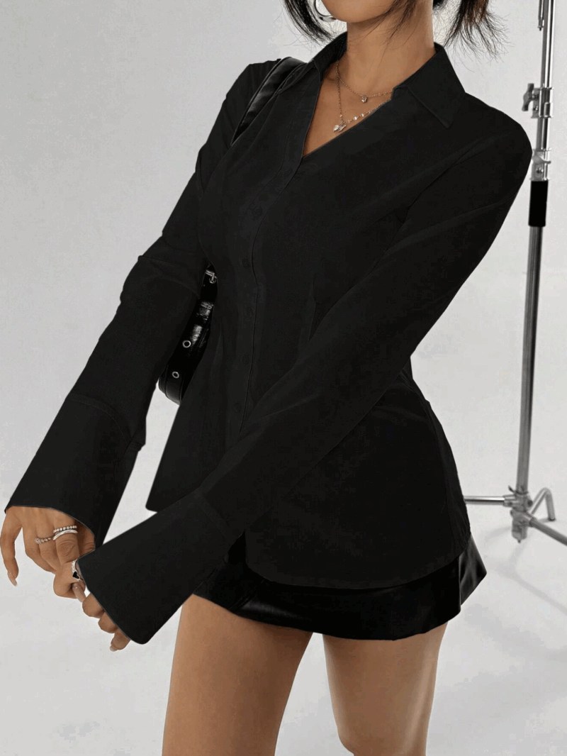 KEISHA BLACK FULL SLEEVES PLEATED COTTON SHIRT - Image 3