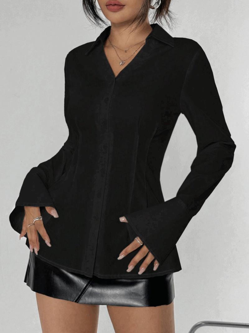 KEISHA BLACK FULL SLEEVES PLEATED COTTON SHIRT - Image 4