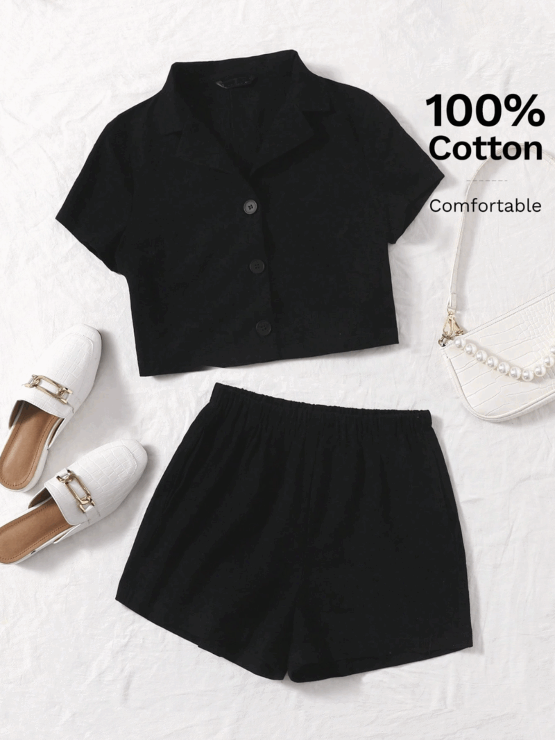 Julia Black Cotton Shirt & Shorts Coord Set