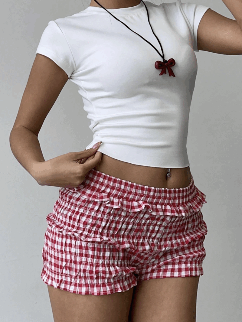 Deena Red Check Ruffle Cotton Shorts