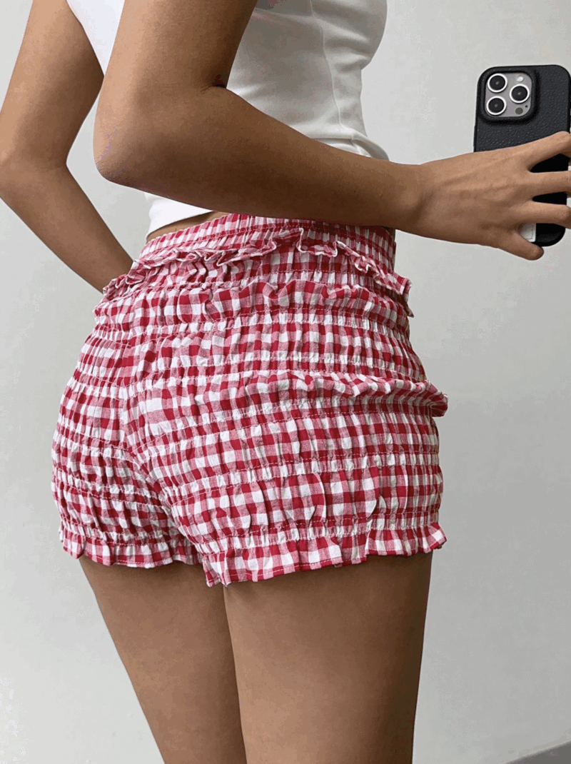 Deena Red Check Ruffle Cotton Shorts - Image 2