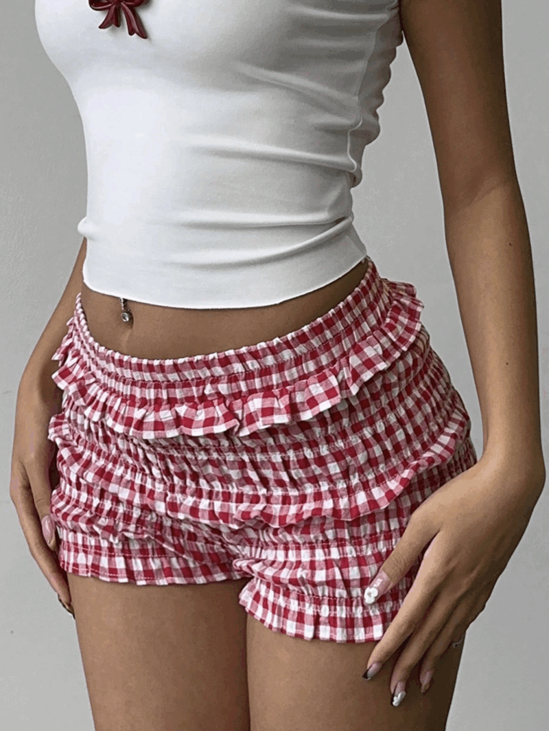 Deena Red Check Ruffle Cotton Shorts - Image 4