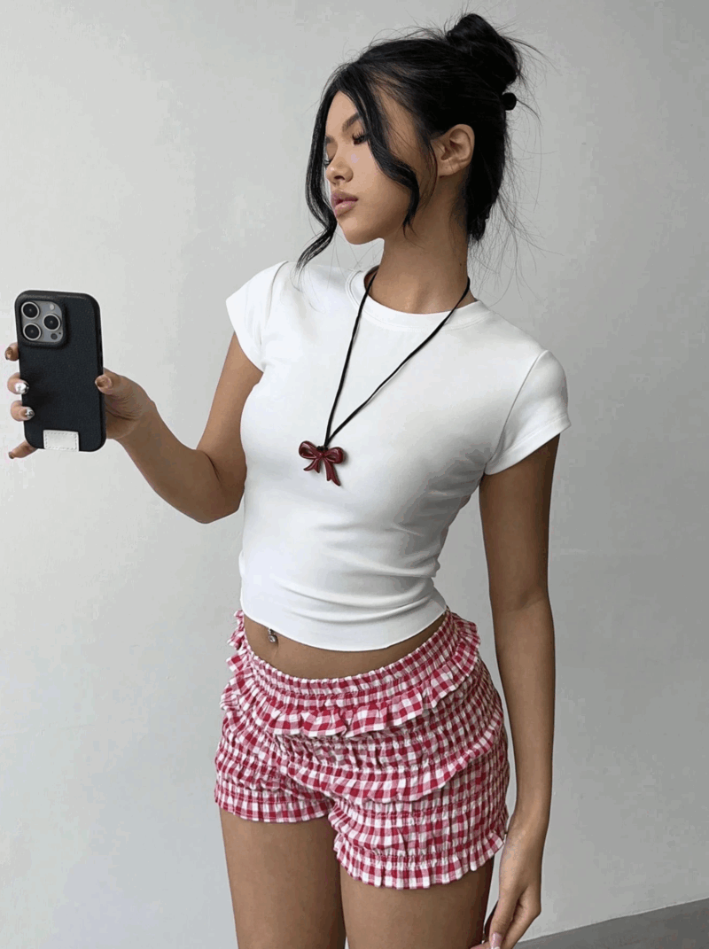 Deena Red Check Ruffle Cotton Shorts - Image 5