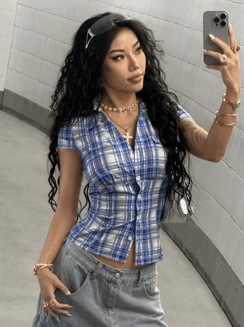 Sza Blue Check Cotton Short Sleeves Shirt