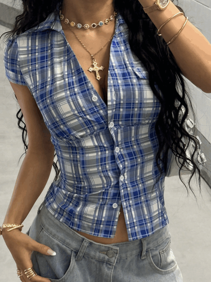 Sza Blue Check Cotton Short Sleeves Shirt - Image 3