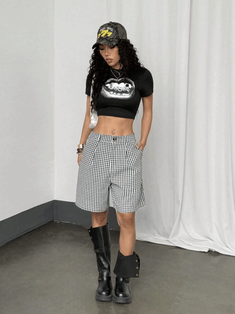 Rihana Black White Cotton Check Gingham Shorts - Image 3