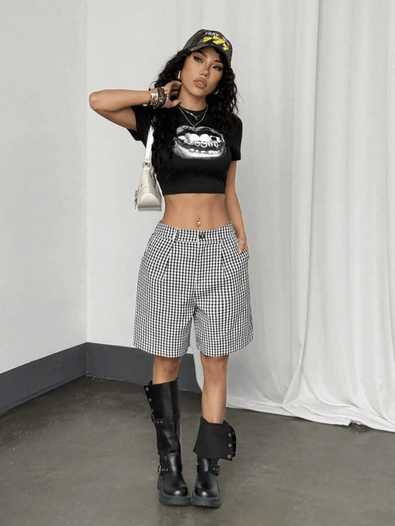 Rihana Black White Cotton Check Gingham Shorts - Image 4