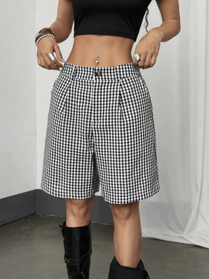 Rihana Black White Cotton Check Gingham Shorts - Image 5