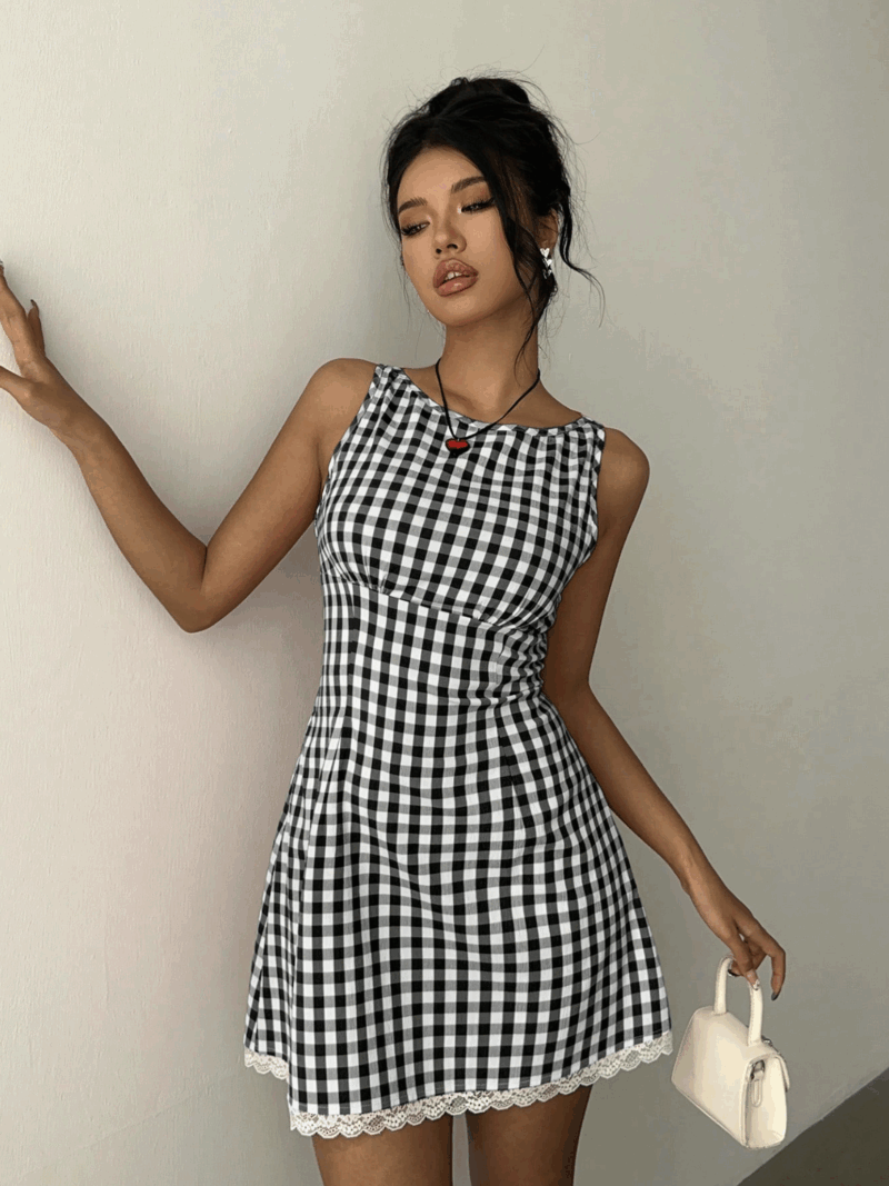 Myla Black White Check Contrast Lace Dress