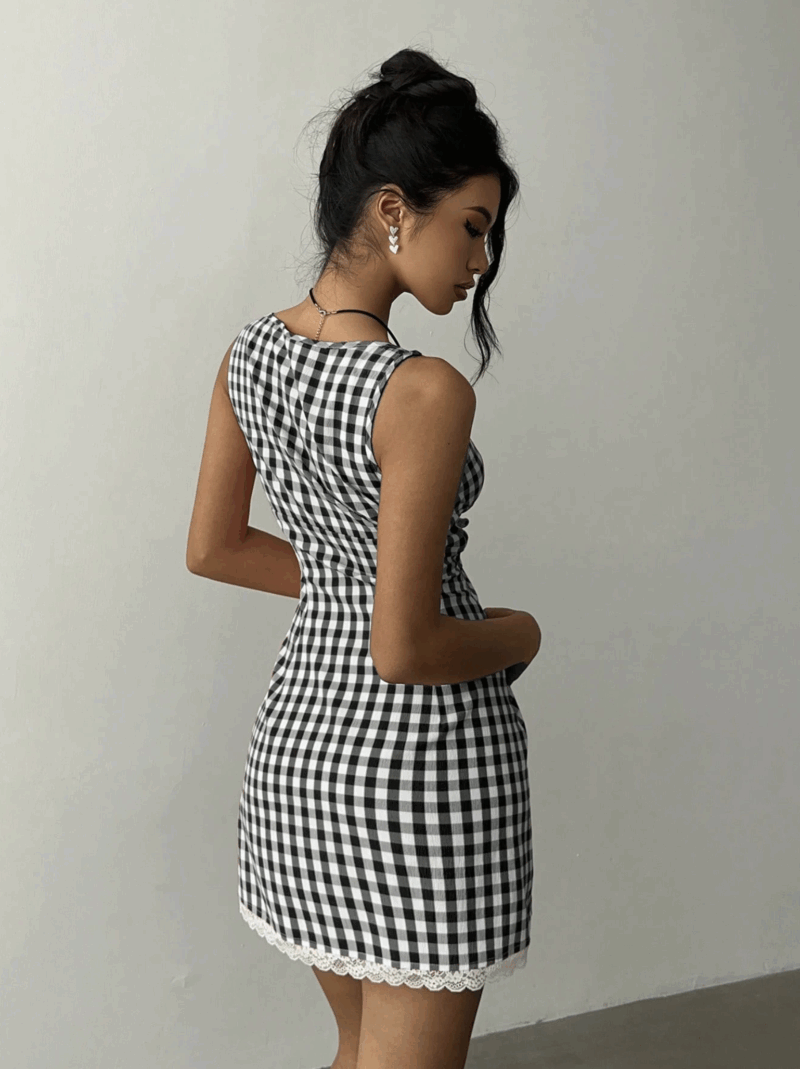 Myla Black White Check Contrast Lace Dress - Image 2