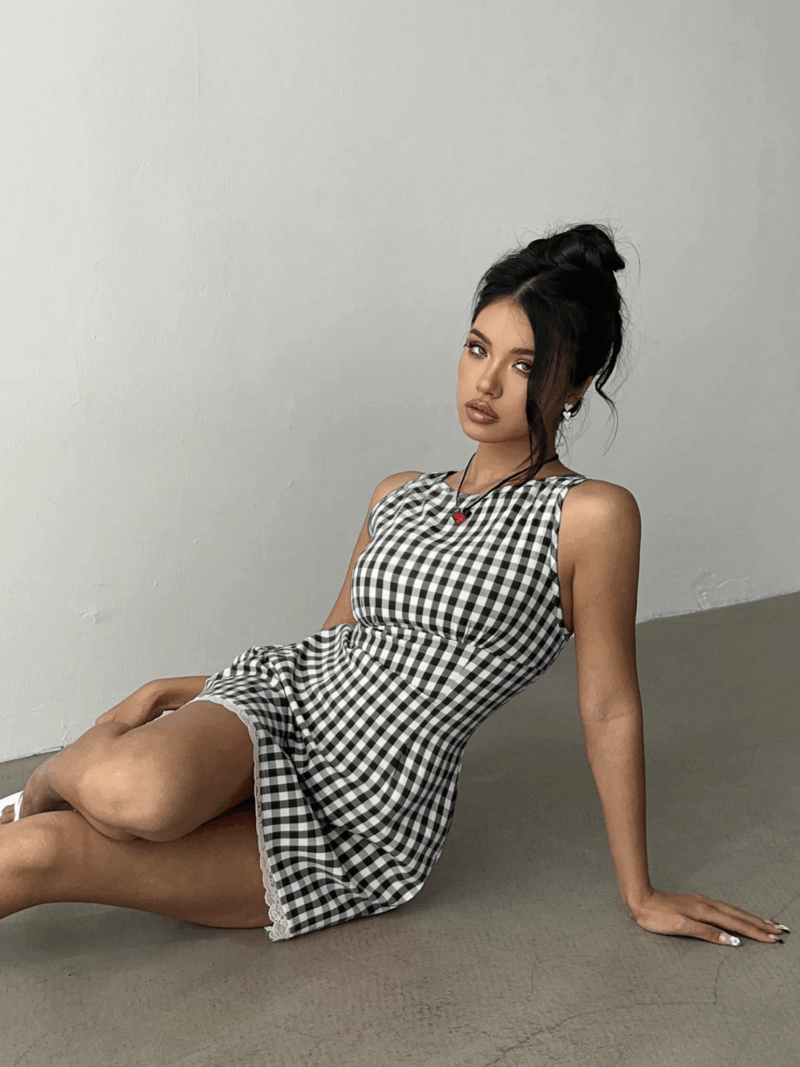 Myla Black White Check Contrast Lace Dress - Image 3