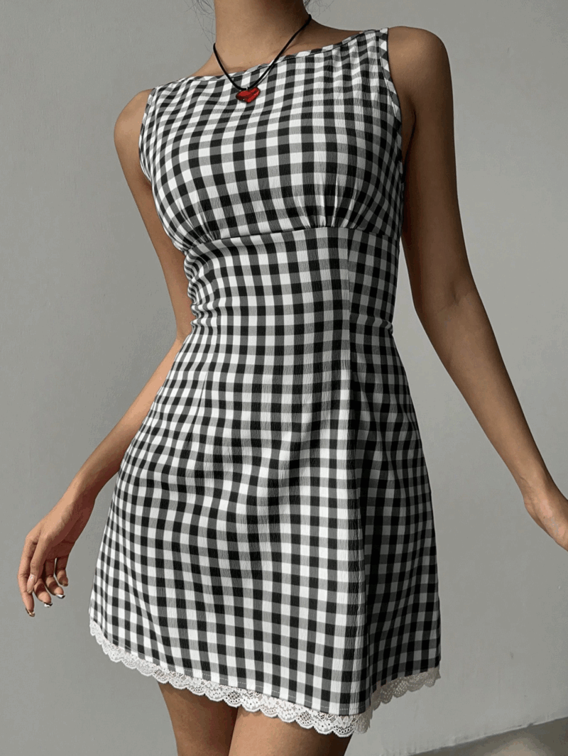 Myla Black White Check Contrast Lace Dress - Image 4
