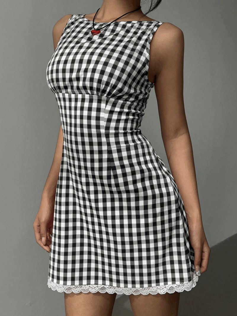 Myla Black White Check Contrast Lace Dress - Image 5