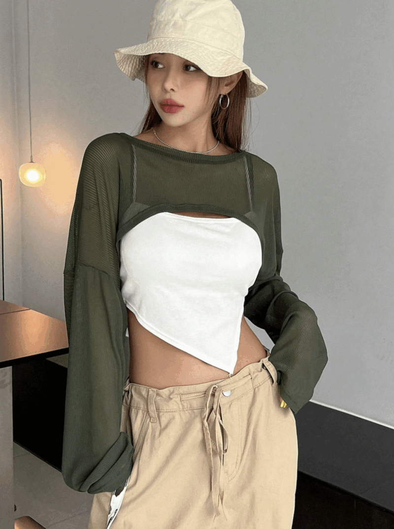 Privi Green Mesh Cutout Full Sleeves Crop Top