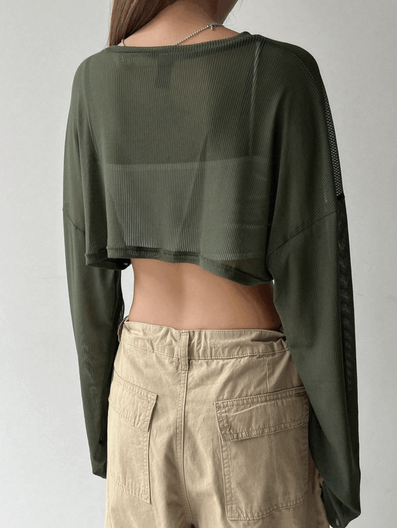 Privi Green Mesh Cutout Full Sleeves Crop Top - Image 2