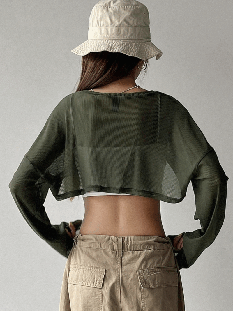 Privi Green Mesh Cutout Full Sleeves Crop Top - Image 3