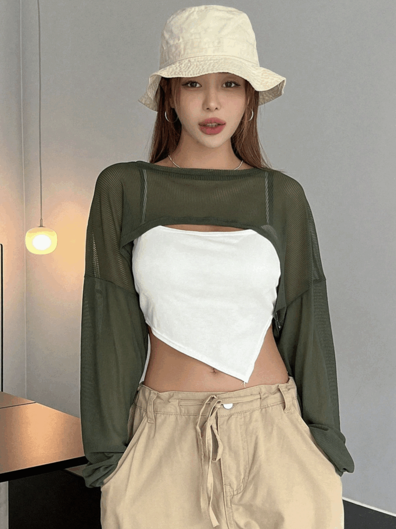 Privi Green Mesh Cutout Full Sleeves Crop Top - Image 4