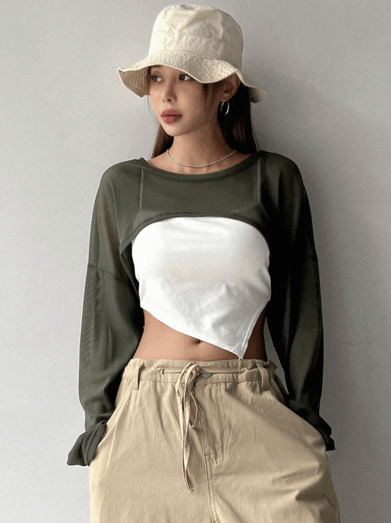 Privi Green Mesh Cutout Full Sleeves Crop Top - Image 5