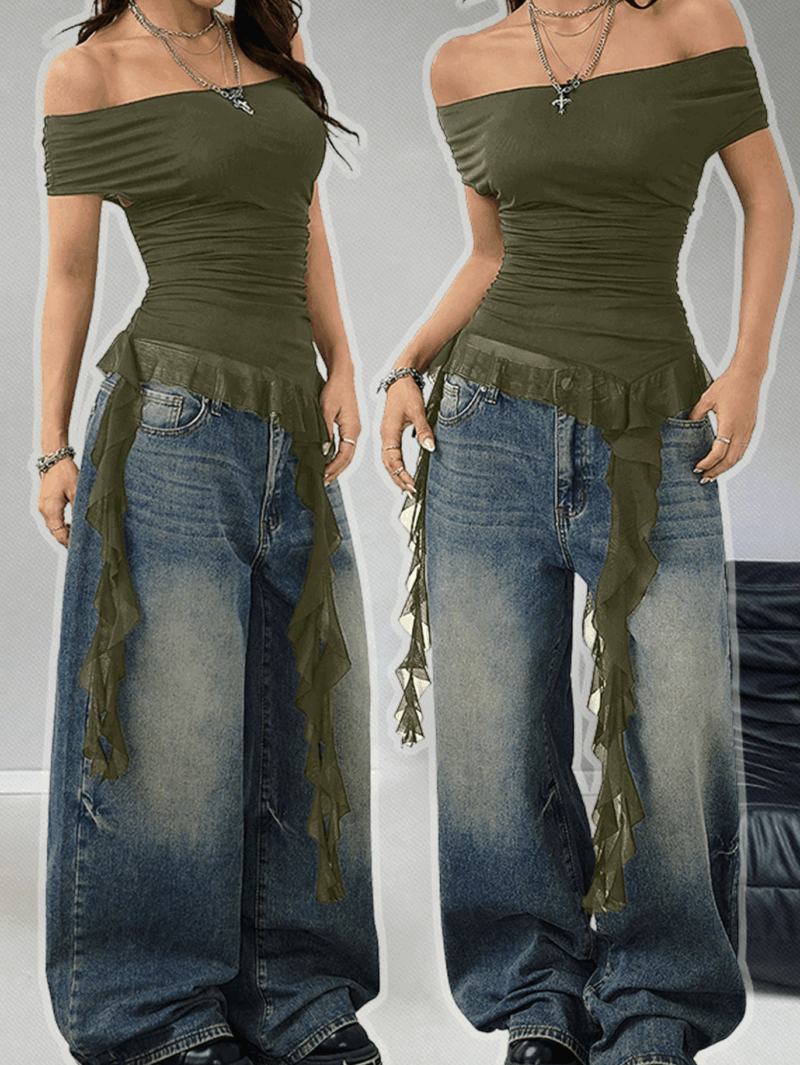 Gisel Off Shoulder Green Uneven Hem Mesh Top