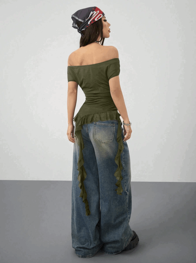 Gisel Off Shoulder Green Uneven Hem Mesh Top - Image 2