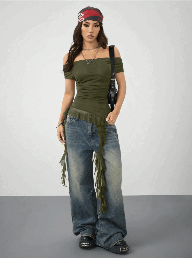 Gisel Off Shoulder Green Uneven Hem Mesh Top - Image 3