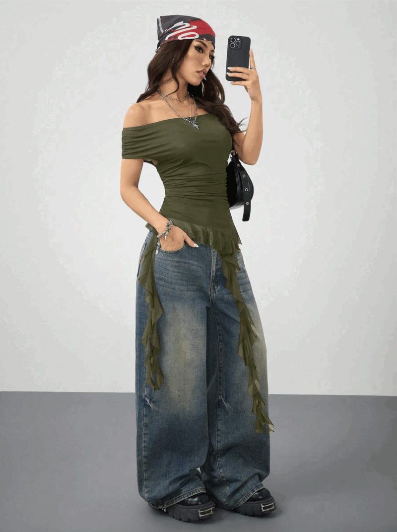 Gisel Off Shoulder Green Uneven Hem Mesh Top - Image 4