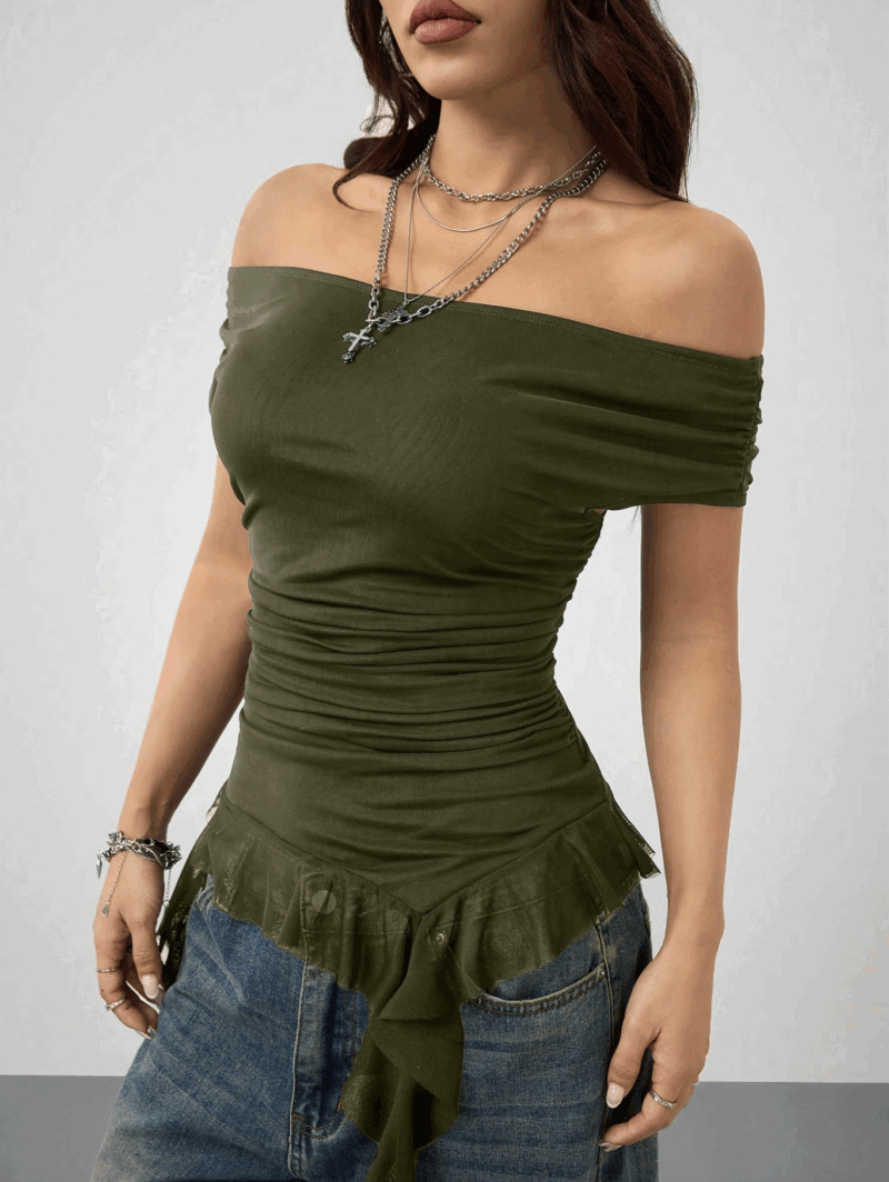 Gisel Off Shoulder Green Uneven Hem Mesh Top - Image 5