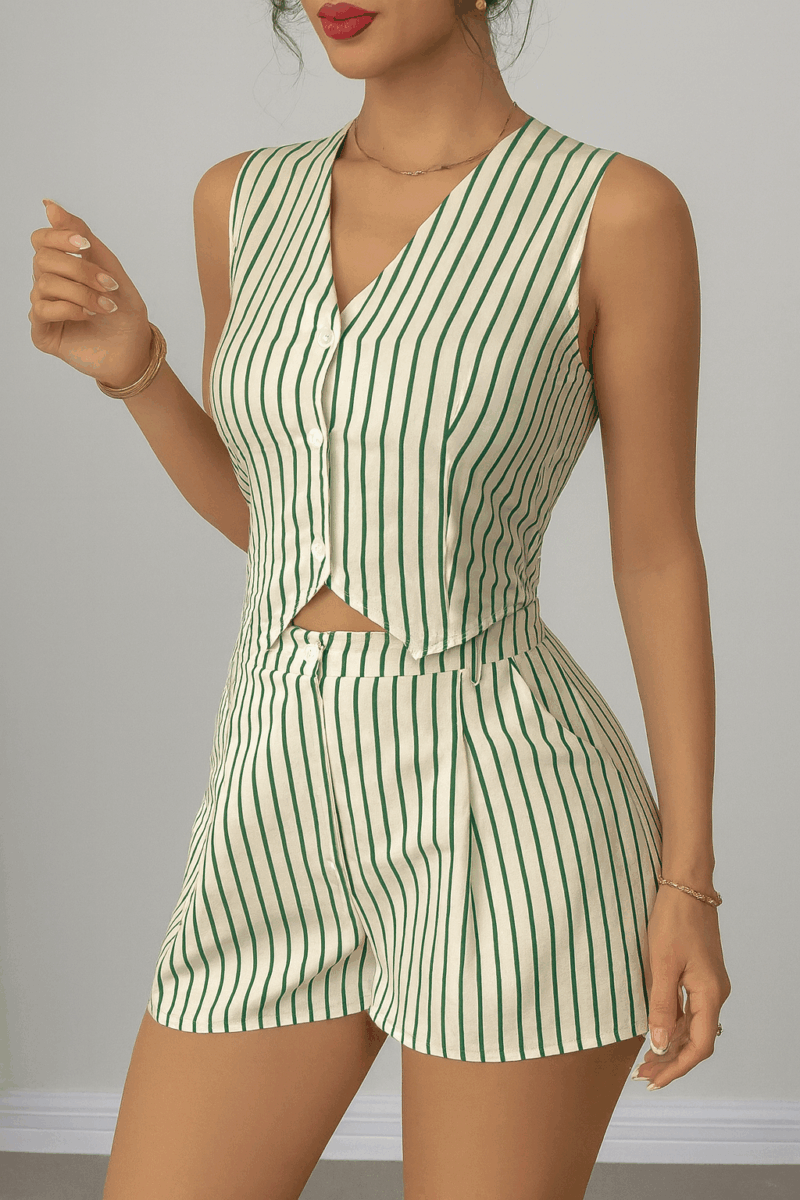 Reena Green Stripes Vest & Shorts Cotton Coord Set - Image 4