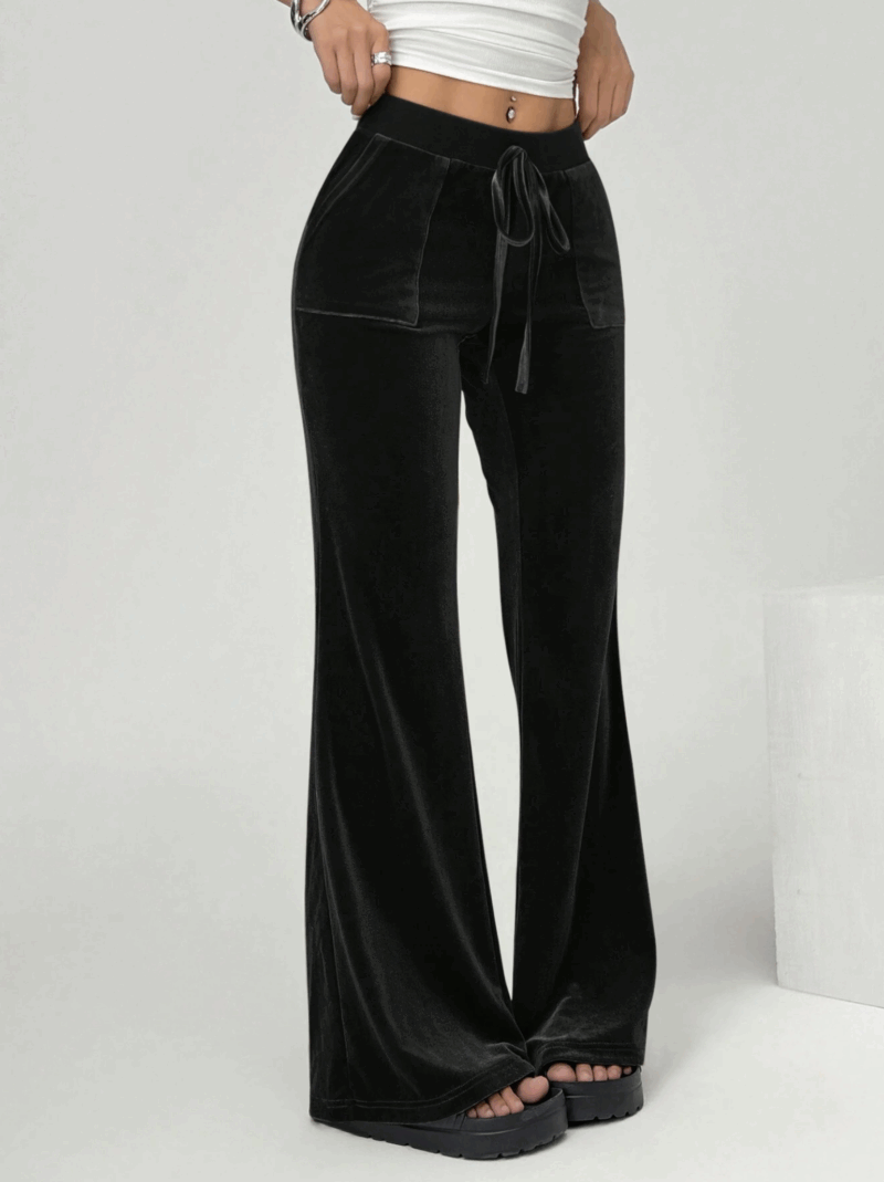 Tracy Black Flared Leg High Waisted Velour Pants - Image 3