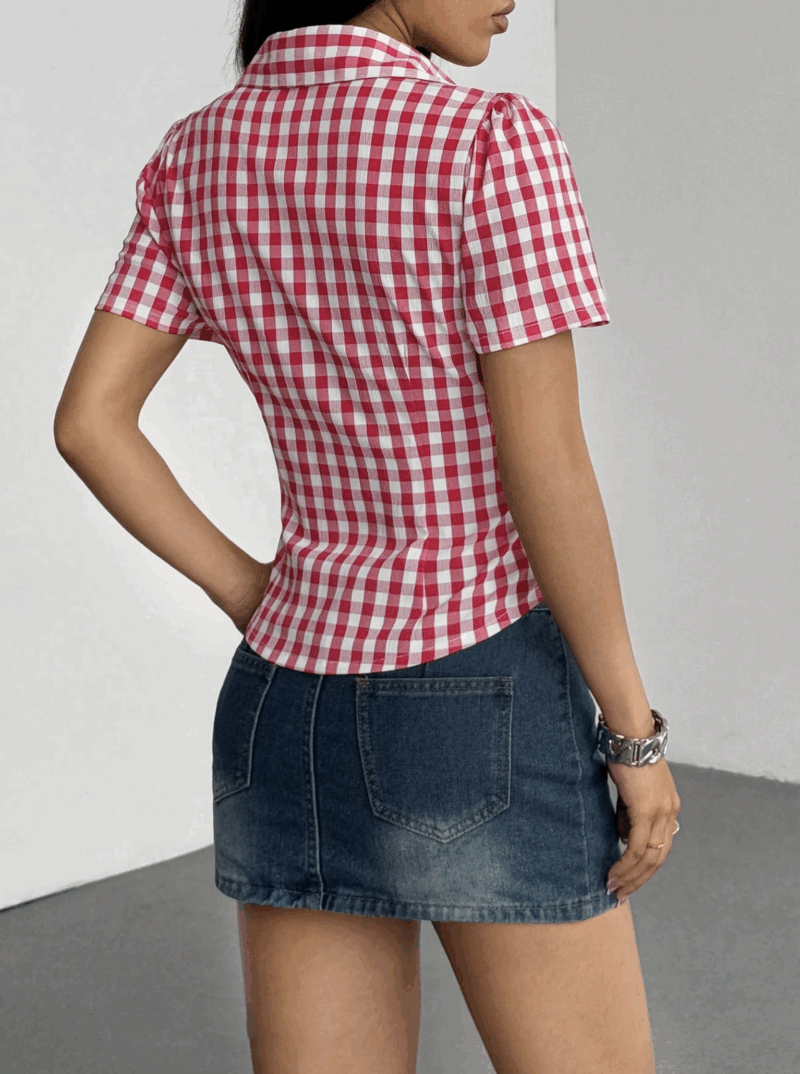 Helen Red White Check Pleated Cotton Shirt - Image 2