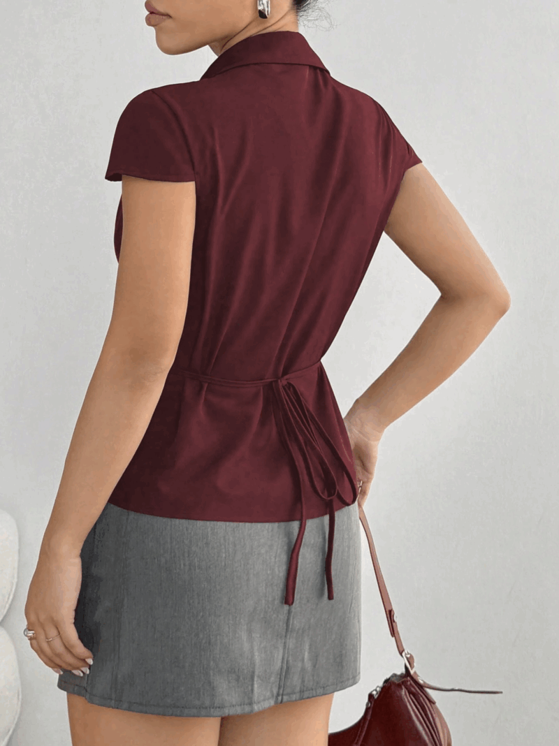Cecila Burgundy Pleated Back Tie Cotton Shirt - Image 2