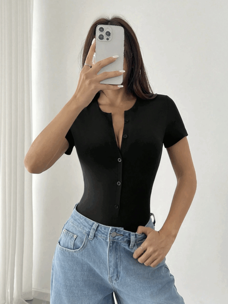 Bixy Black Buttoned Rounch Neck Bodysuit - Image 3