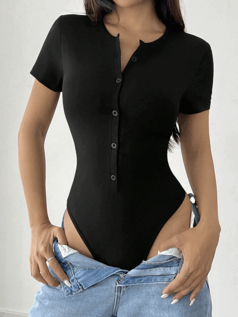 Bixy Black Buttoned Rounch Neck Bodysuit - Image 5