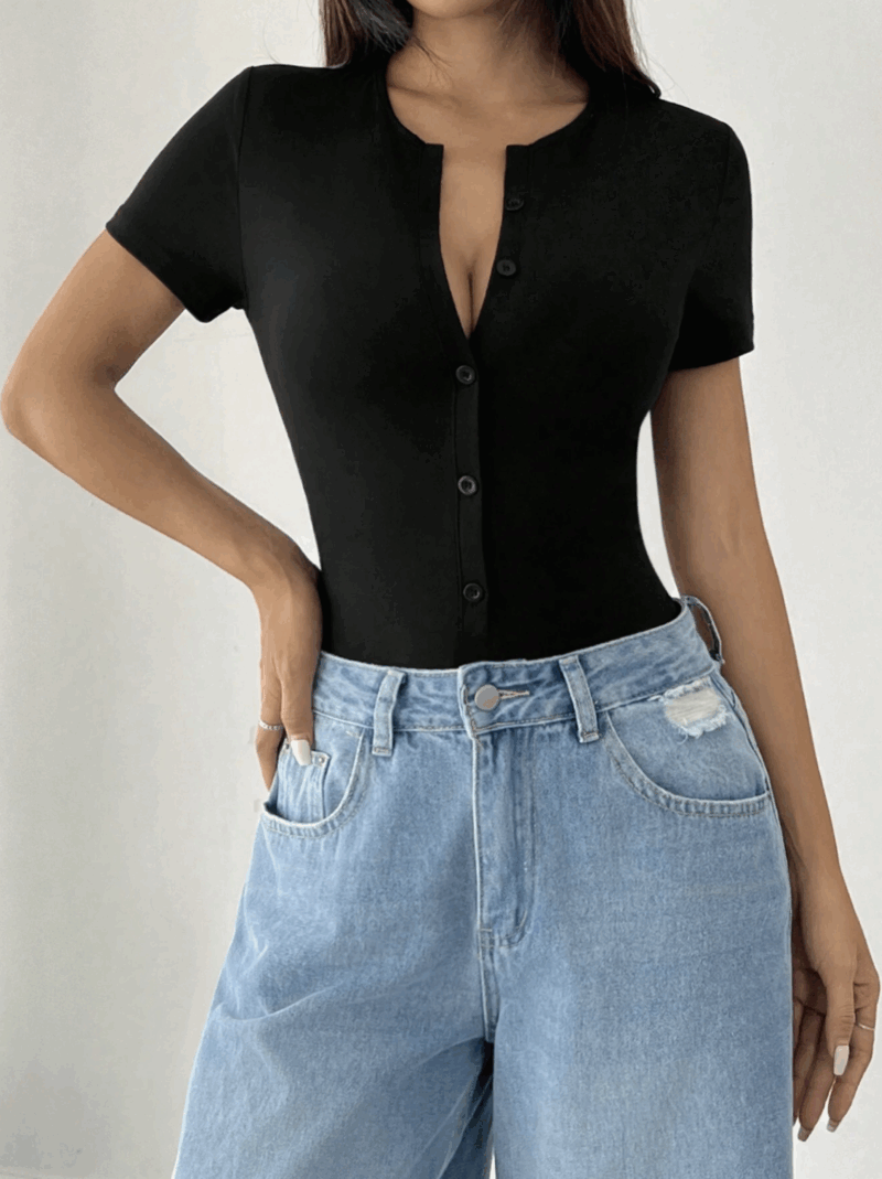 Bixy Black Buttoned Rounch Neck Bodysuit - Image 7