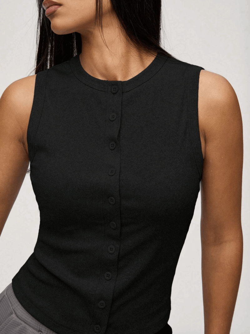 Riley Black Buttoned Round Neck Top