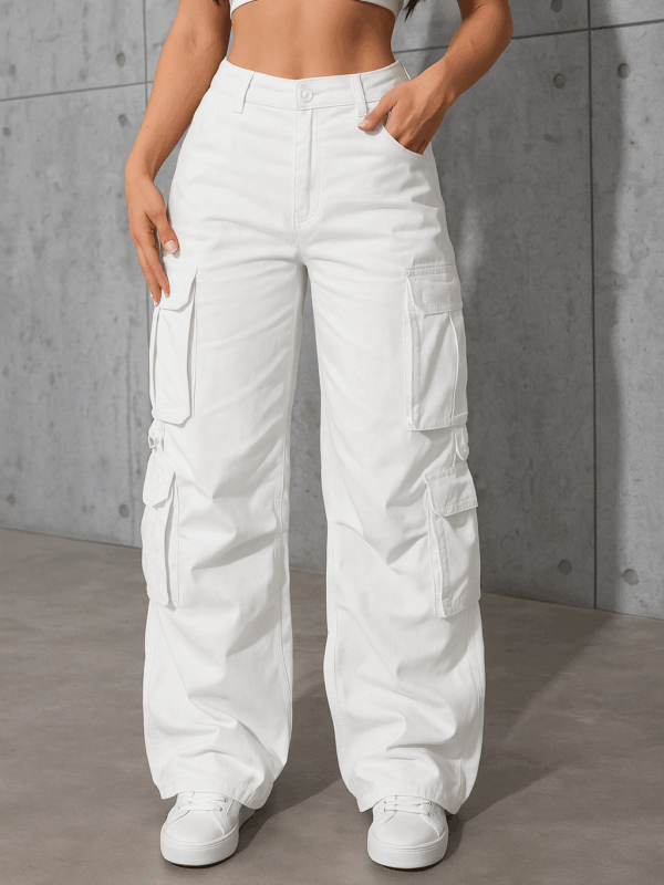Nelly White Belted Pockets Relaxed Fit Cargo Pants