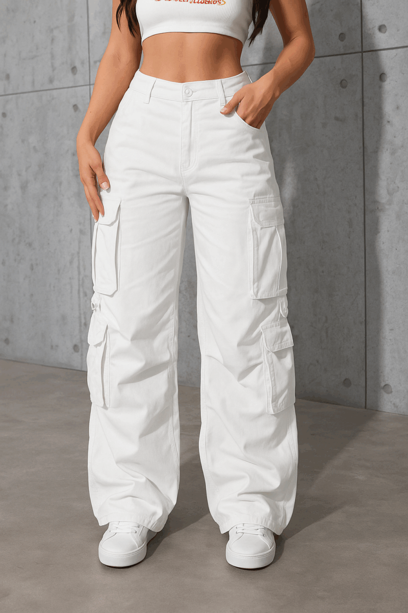 Nelly White Belted Pockets Relaxed Fit Cargo Pants