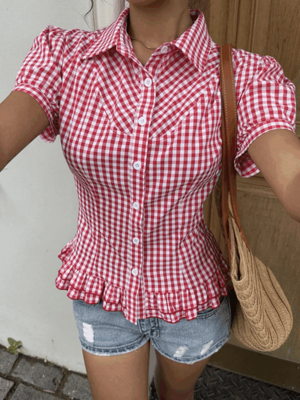 Ruby Red Check Ruffle Shirt Top