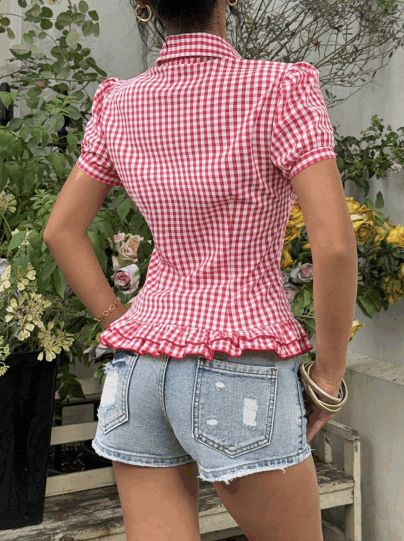 Ruby Red Check Ruffle Shirt Top - Image 2