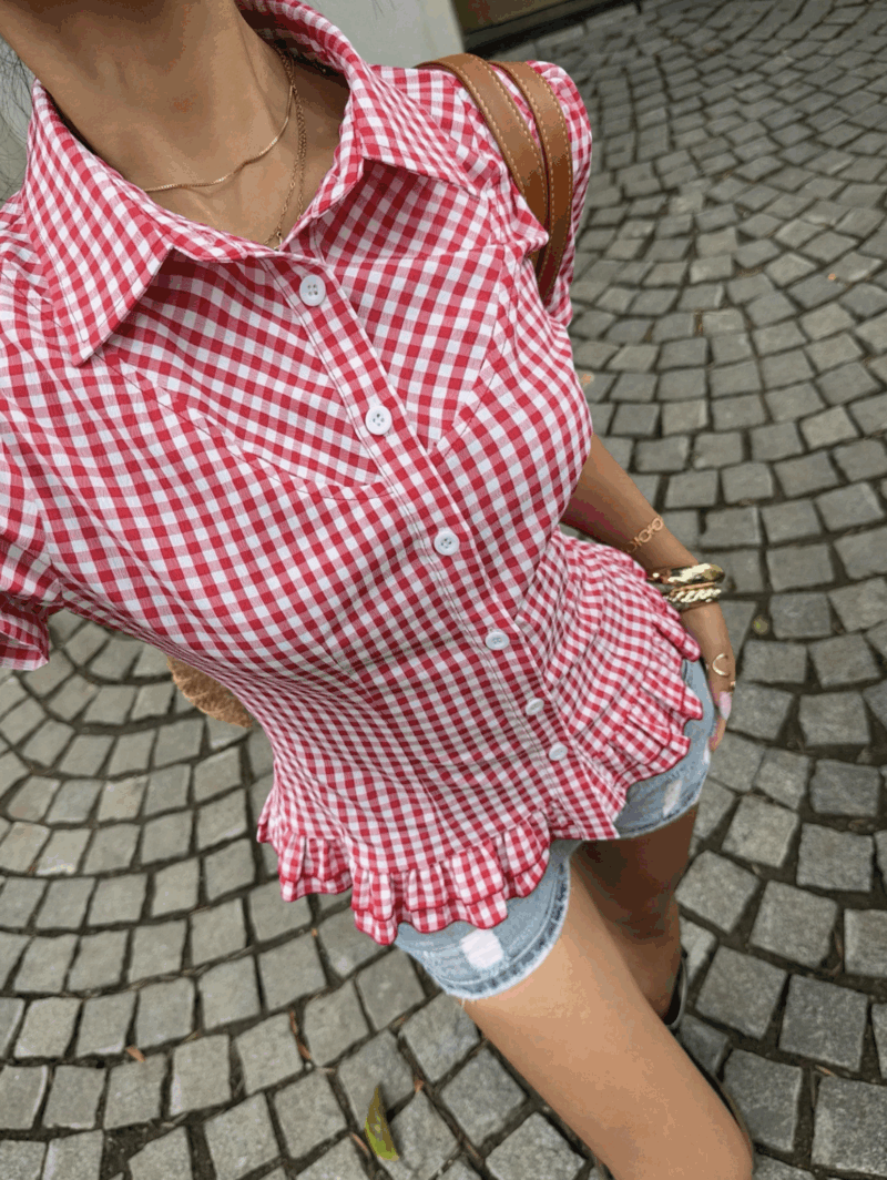 Ruby Red Check Ruffle Shirt Top - Image 3