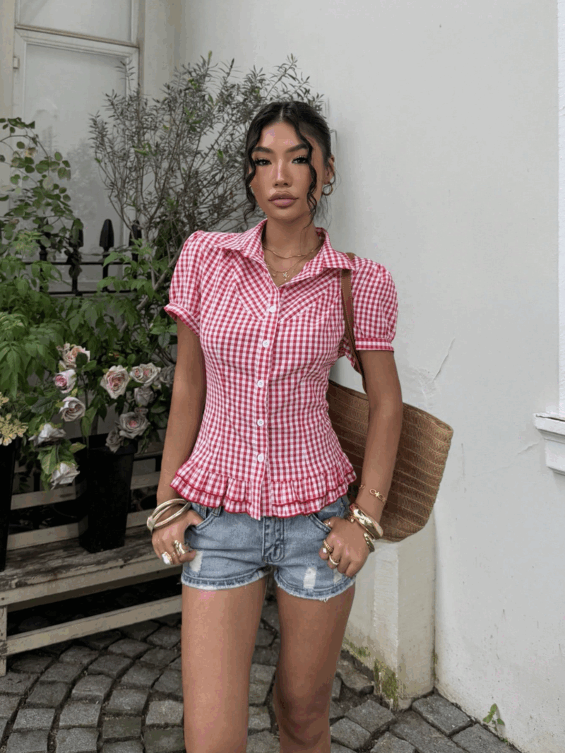 Ruby Red Check Ruffle Shirt Top - Image 6