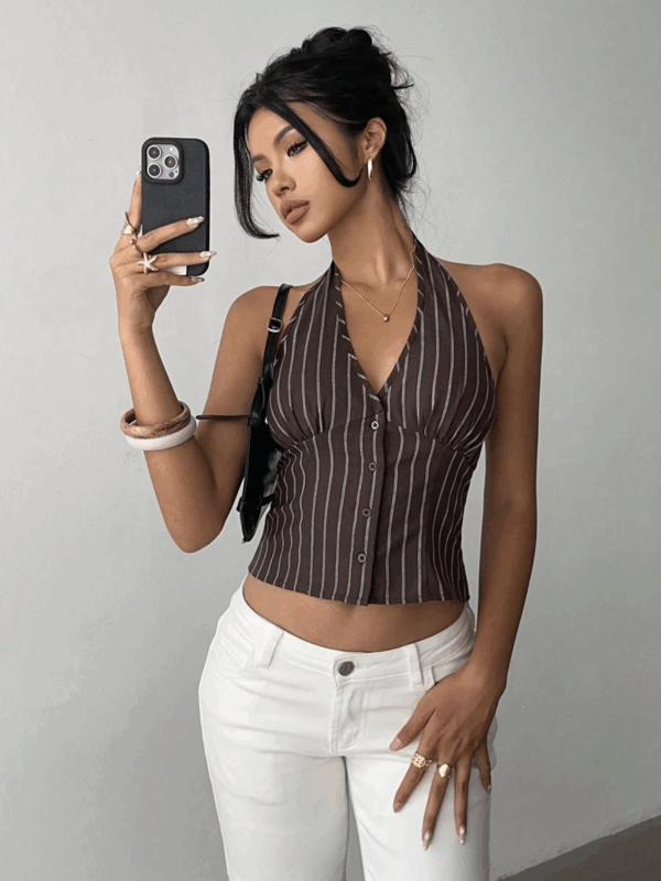 Siliza Brown Stripes Halterneck Vest Top