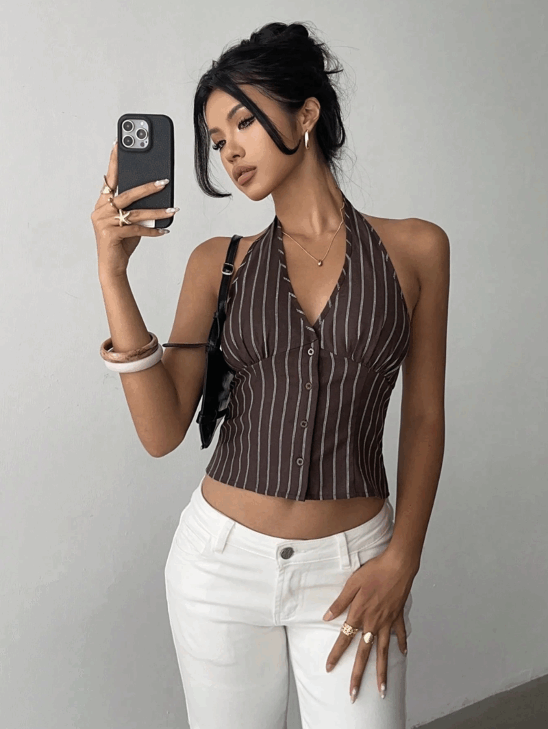 Siliza Brown Stripes Halterneck Vest Top