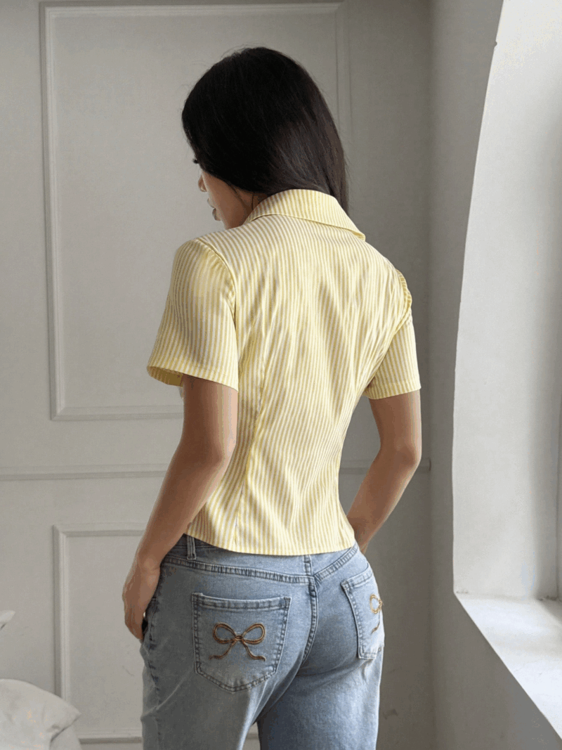 Lea Yellow Stripes Short Sleeves Cotton Shirt - Image 2