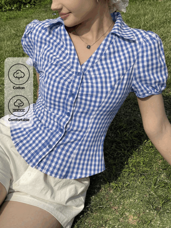 Demi Blue Check Puff Sleeves Shirt