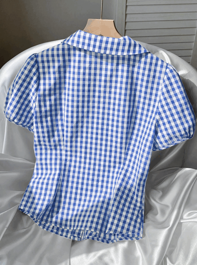 Demi Blue Check Puff Sleeves Shirt - Image 2