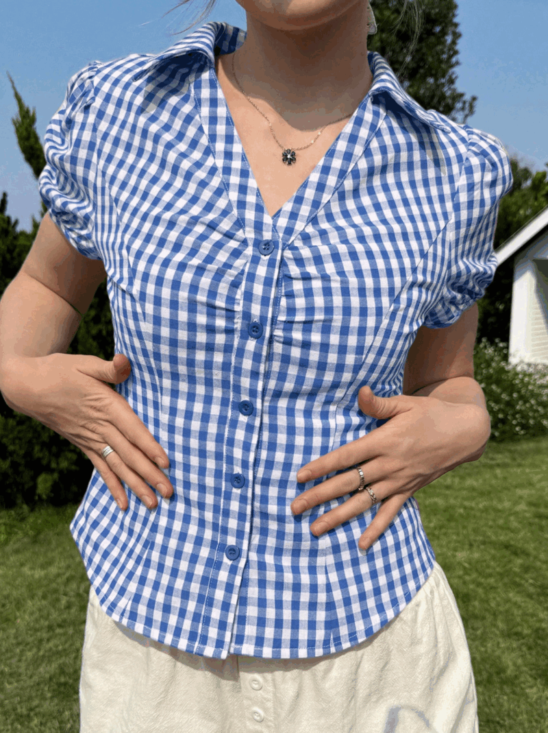 Demi Blue Check Puff Sleeves Shirt - Image 3