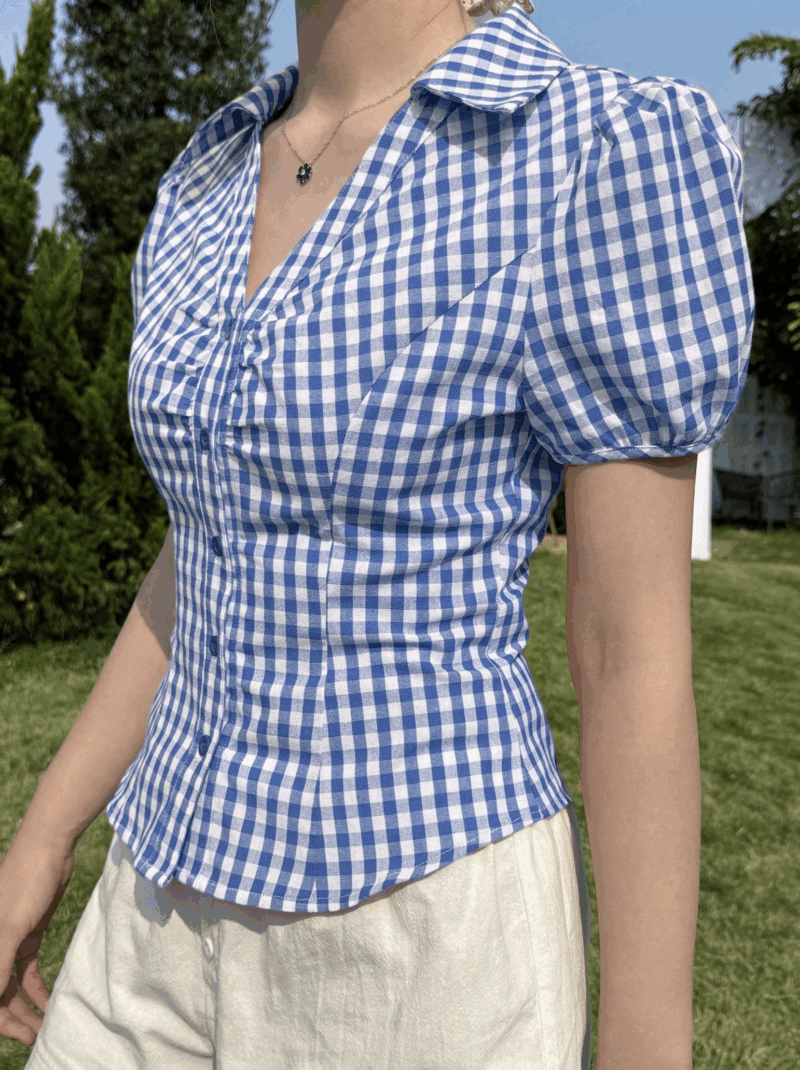 Demi Blue Check Puff Sleeves Shirt - Image 4