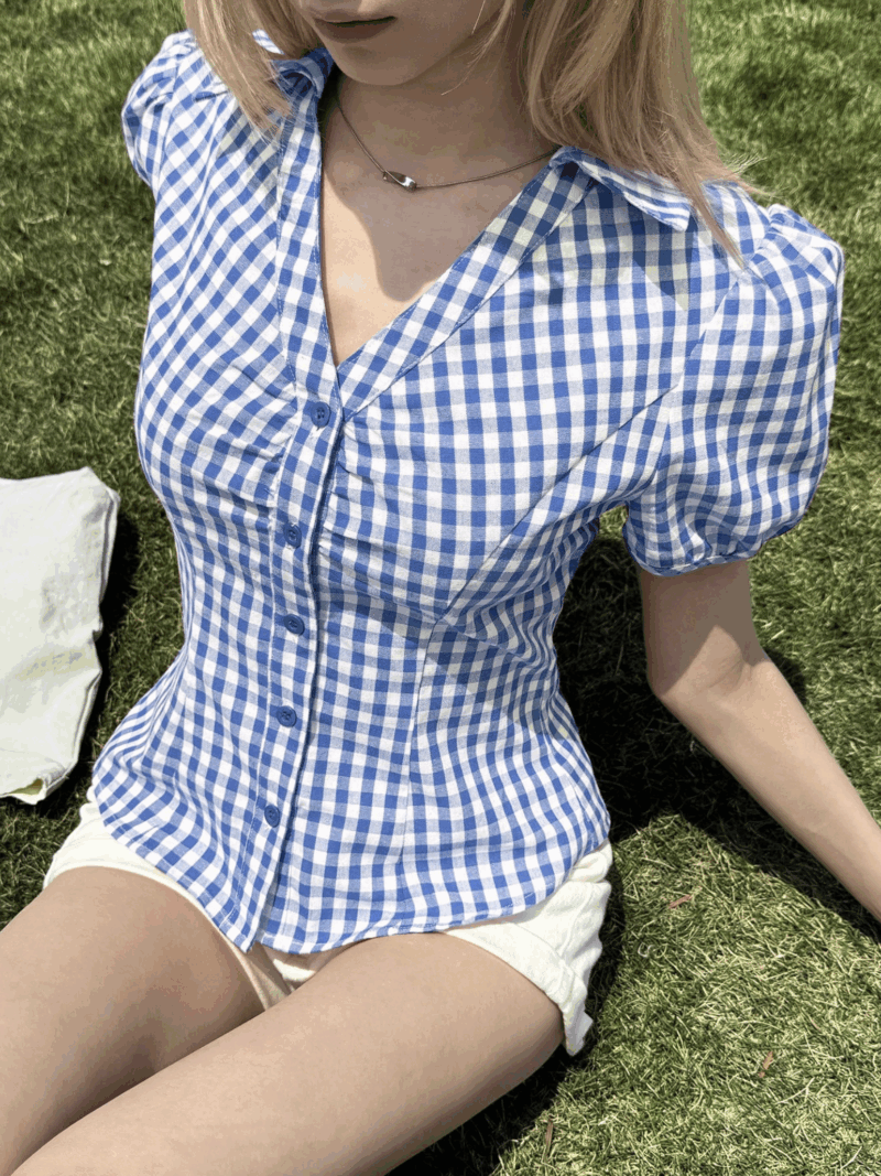 Demi Blue Check Puff Sleeves Shirt - Image 5