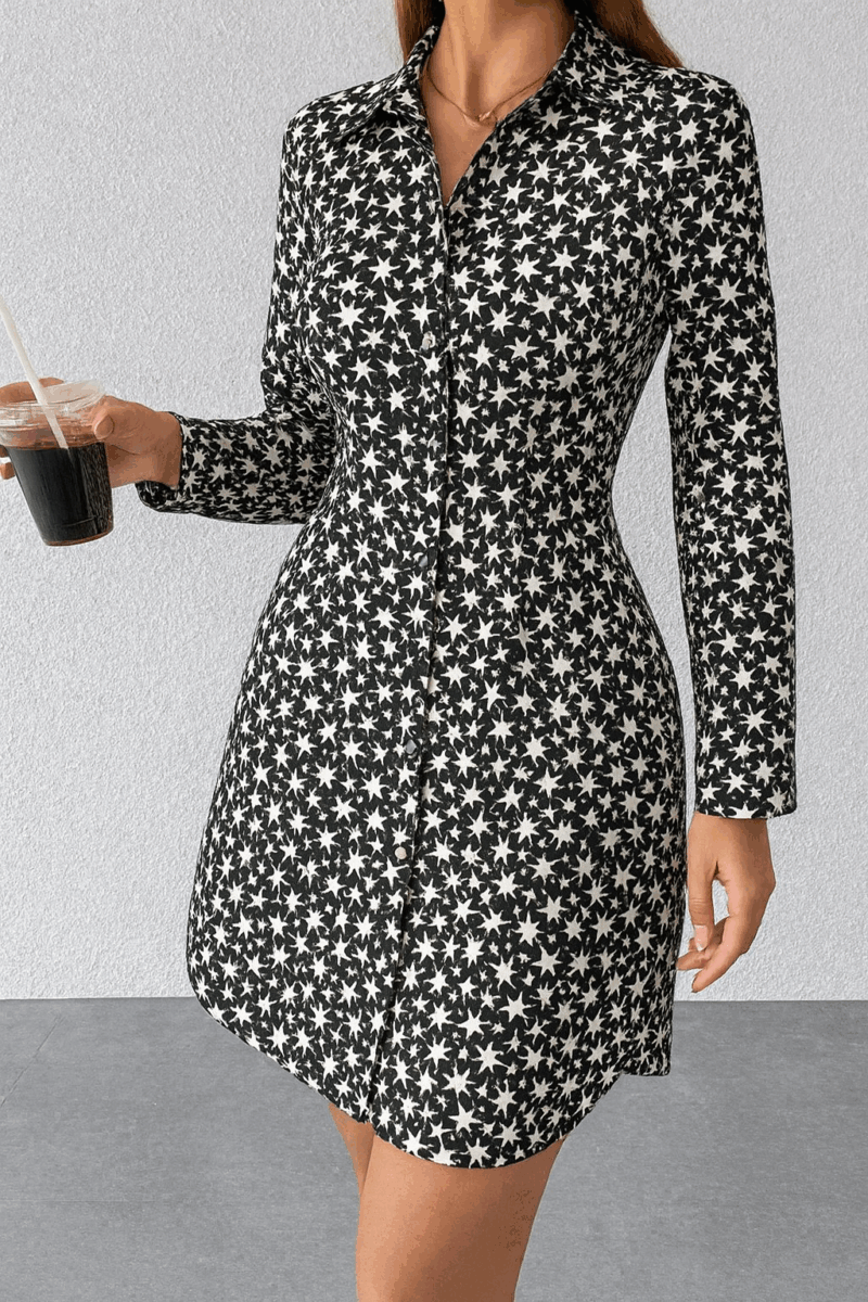 Kena Black Star Print Full Sleeves Shirt Dress